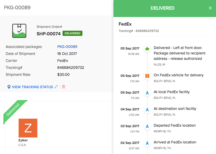 A slider tab populating real time shipment status