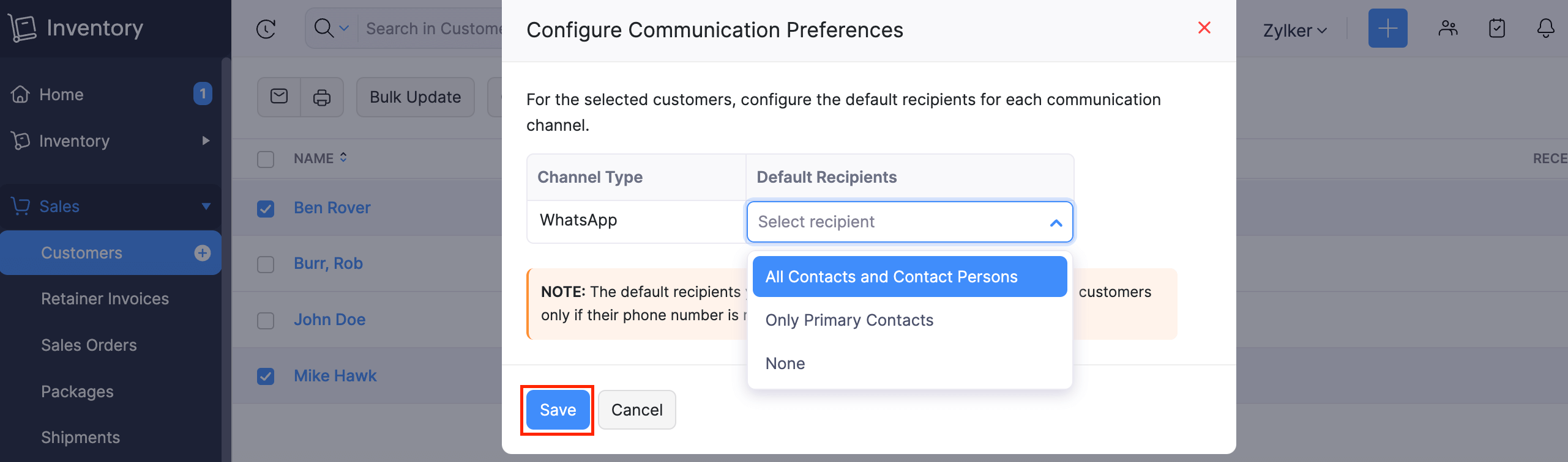 Configure Communication Recepient