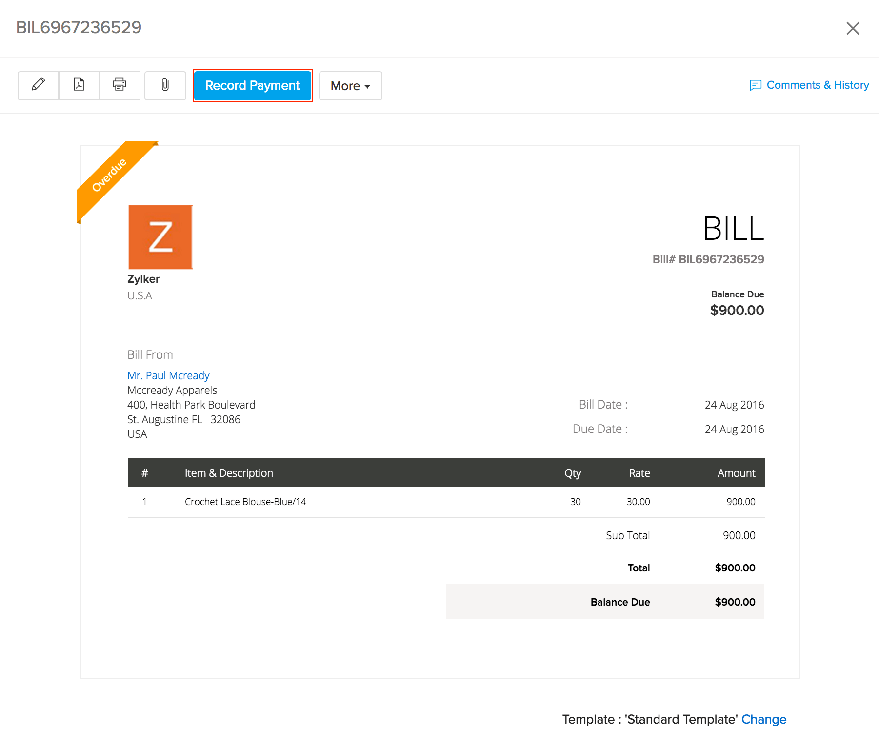 screen shot of recording payment