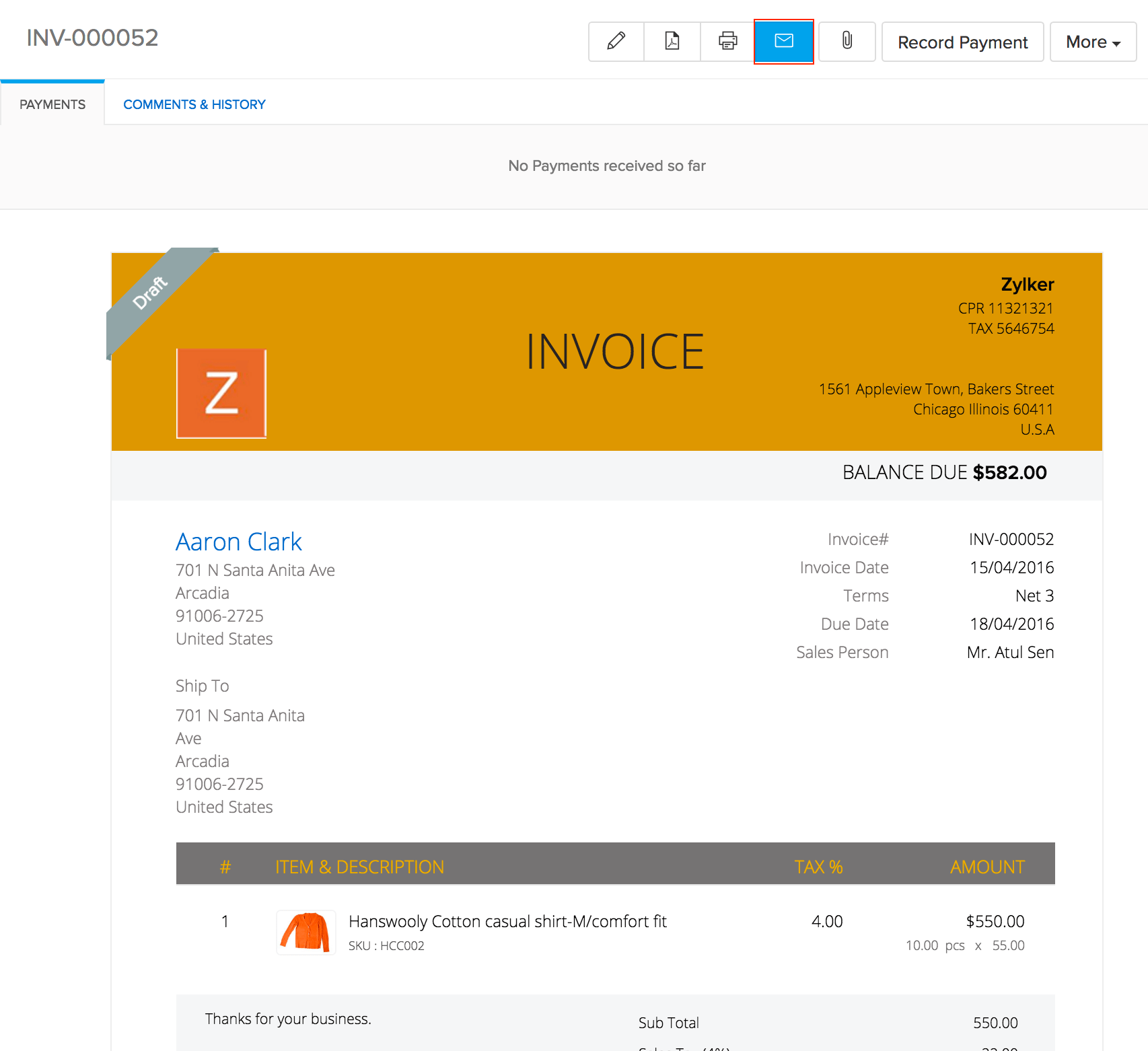 Image of the email button on top of the invoice tab