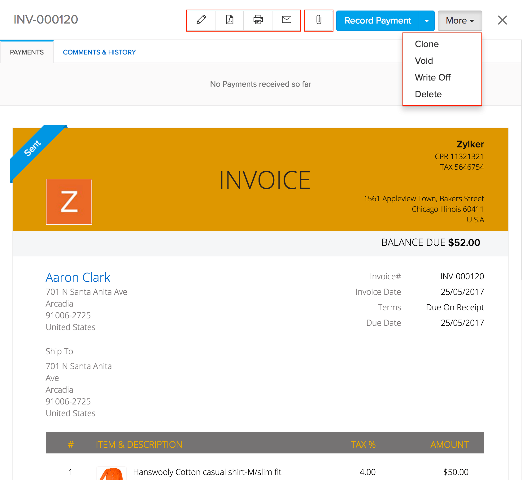 Image of all the other actions associated with invoices in the invoices page