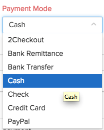 payment mode drop down in the recording payments page