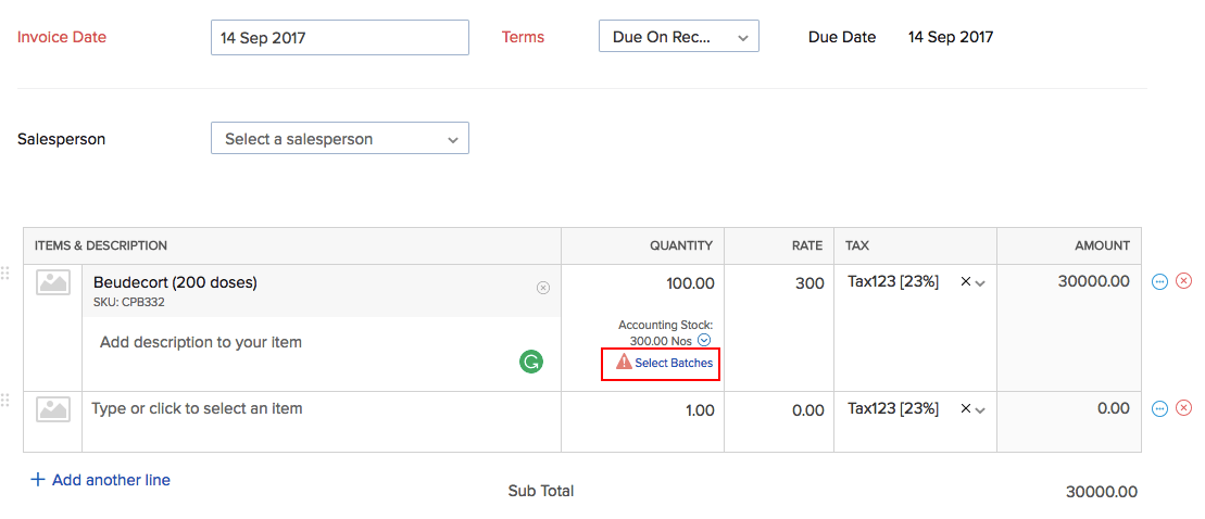 Select batches option in invoice