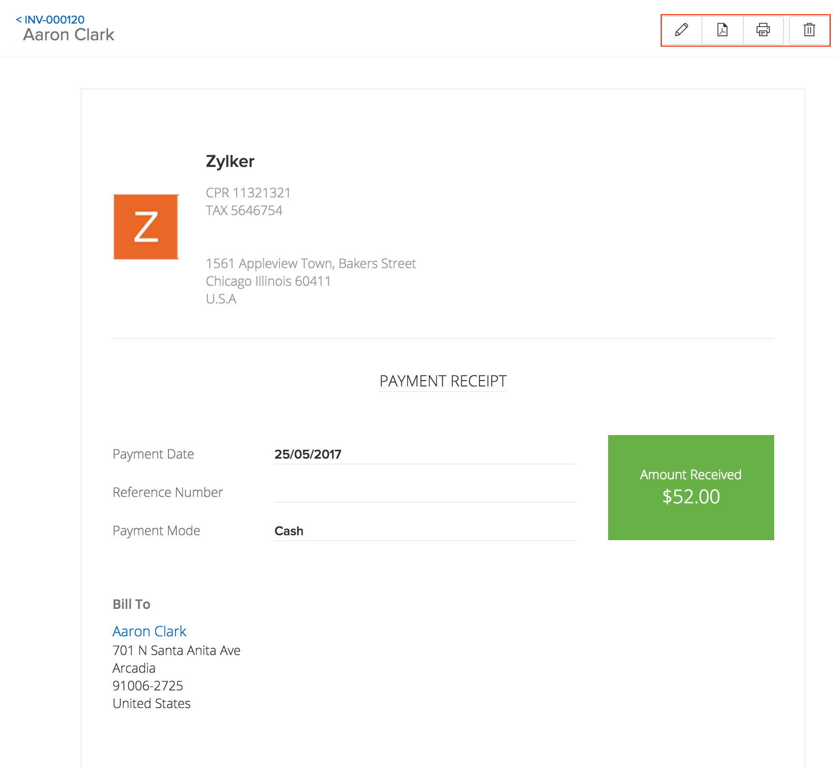 image of all the options on top of the payments received page