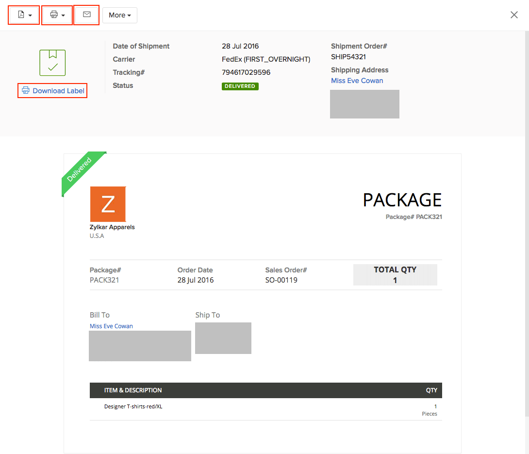 Image of other actions highlighting all options in a shipped package