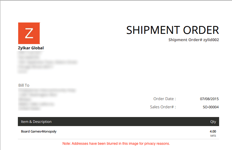 image of shipment order as a PDF