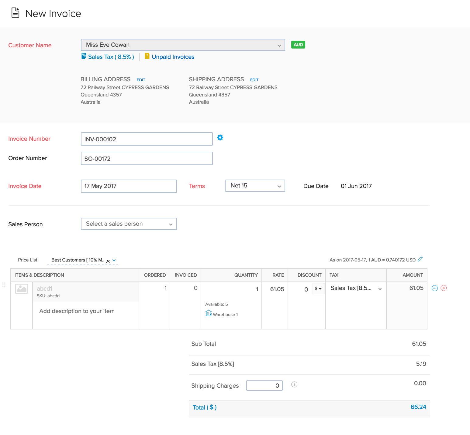 Image of the new invoice page - top half