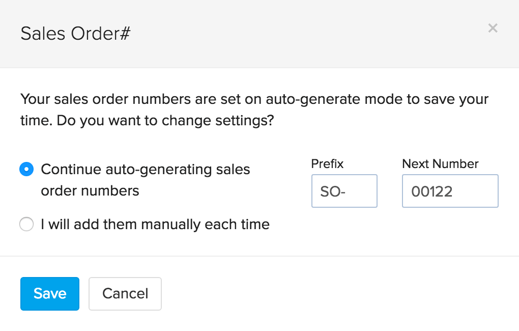 settings pop up of sales order number generation