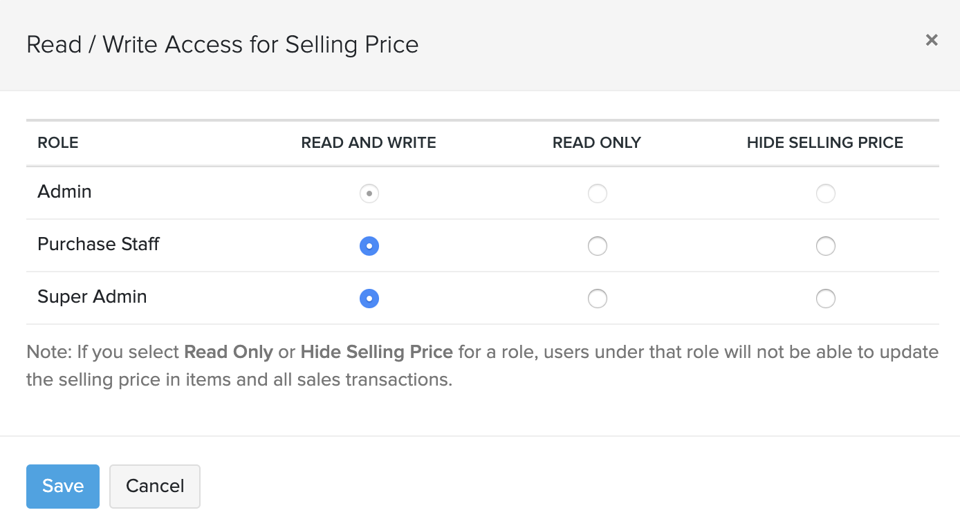 Configuring permission to access sales/purchase price
