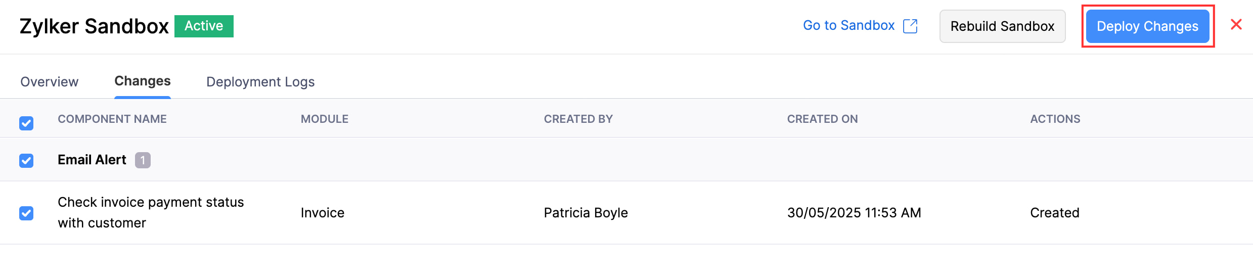 The Changes tab of a sandbox. To deploy components to the production organization, click Deploy Changes in the top right corner.