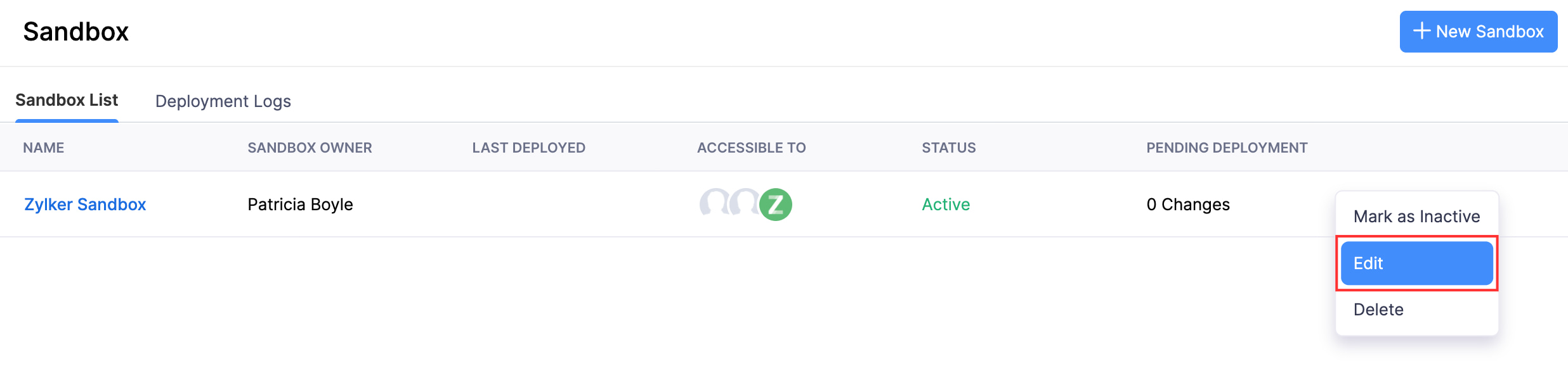 The Sandbox List tab of a sandbox. To edit a sandbox, hover it, click the More button and click Edit.