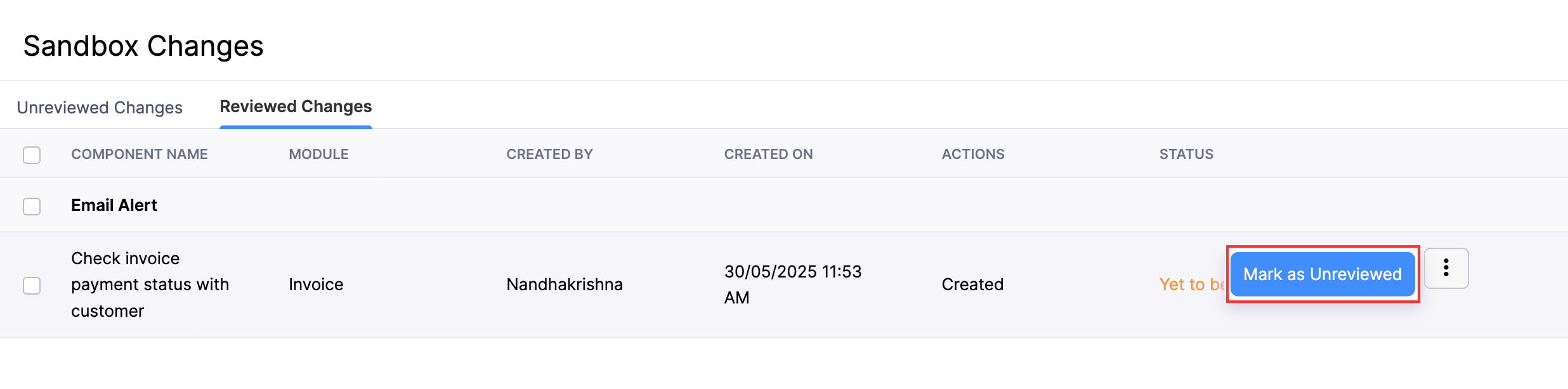The Reviewed Components tab. To mark a reviewed component as unreviwed, hover over it, click the More button, and select Mark as Unreviewed