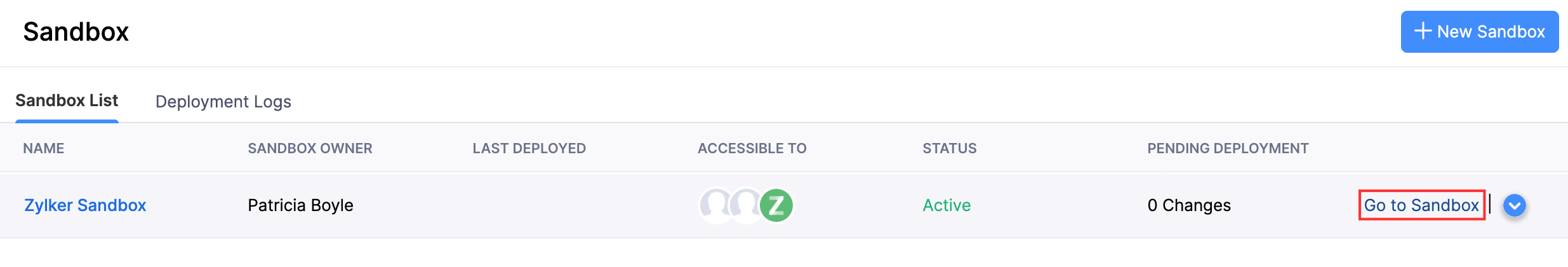 The Sandbox List page. hover over the required sandbox and click Go to Sandbox to open the sandbox organization.