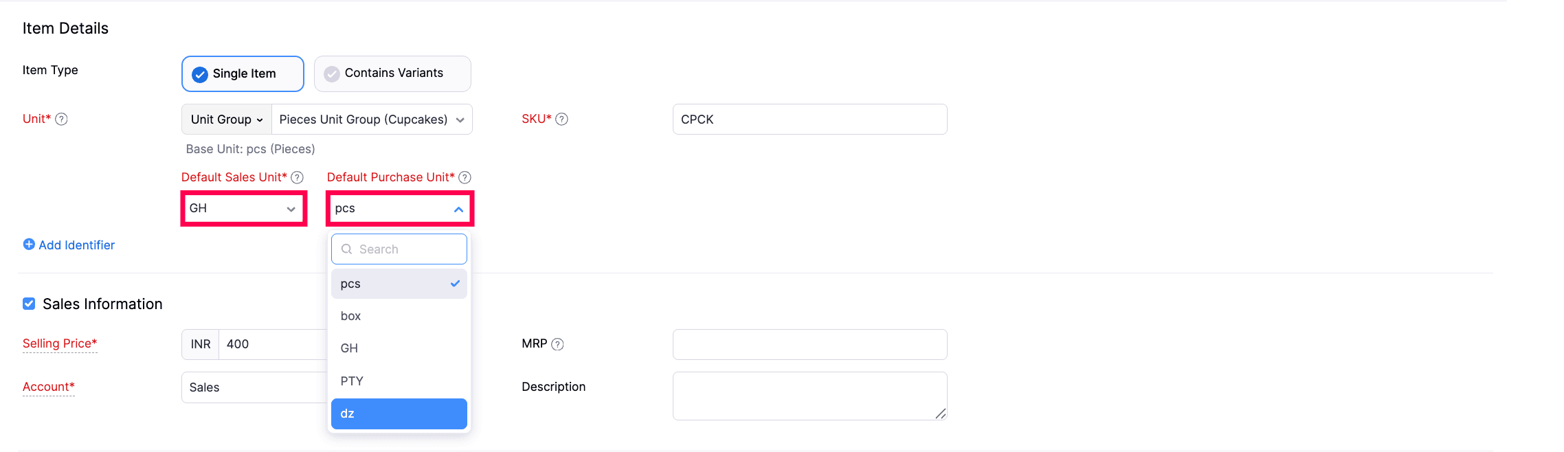 Default sales and purchase units