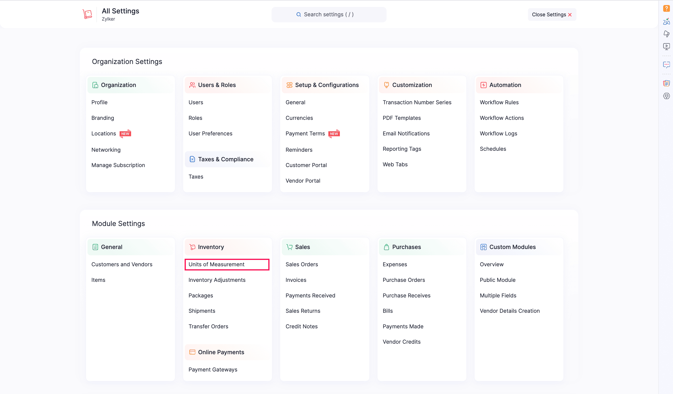 Units of Measurement settings page