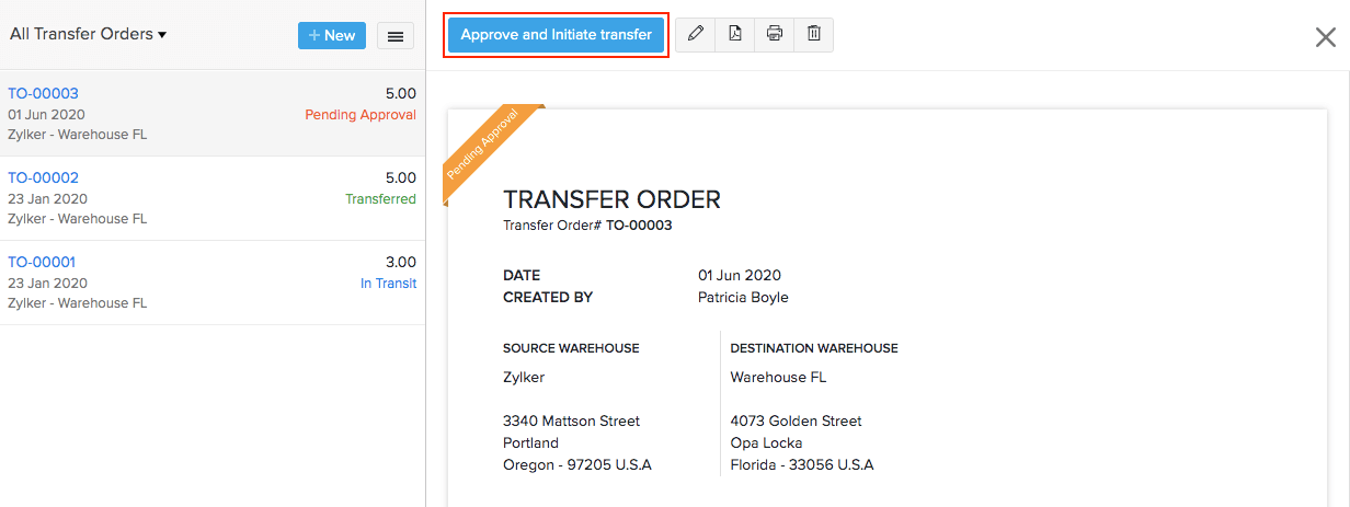 Approve transfer order