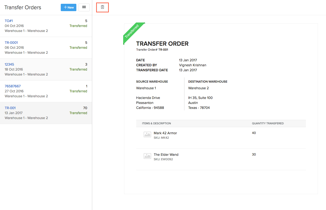 Delete Transfer Order