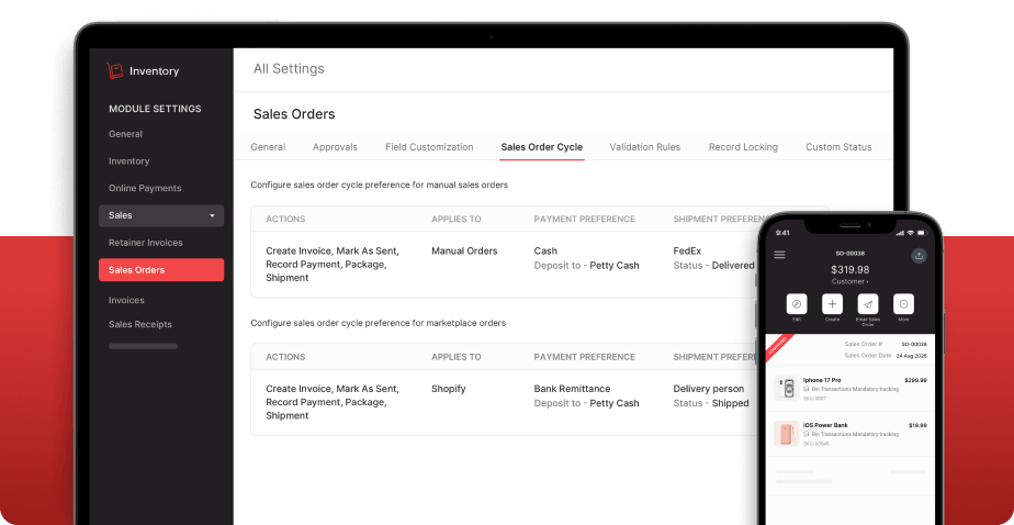 Zoho Inventory settings page for configuring sales order cycles.