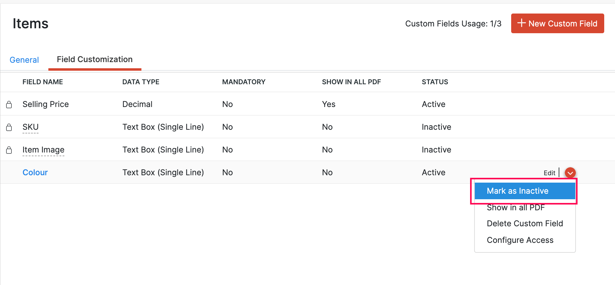 Mark Custom Field as Inactive