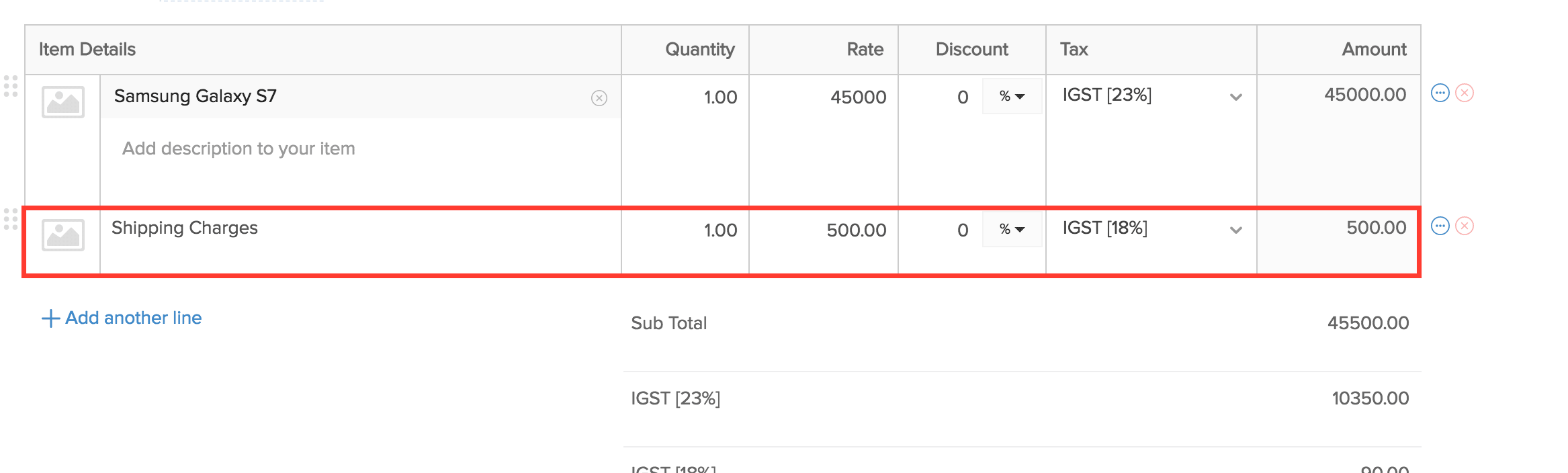 shipping charge line item