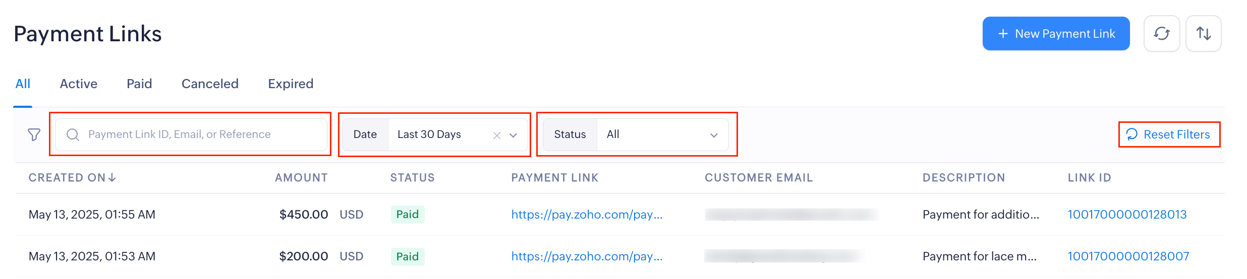 Search and Filter Payment Links