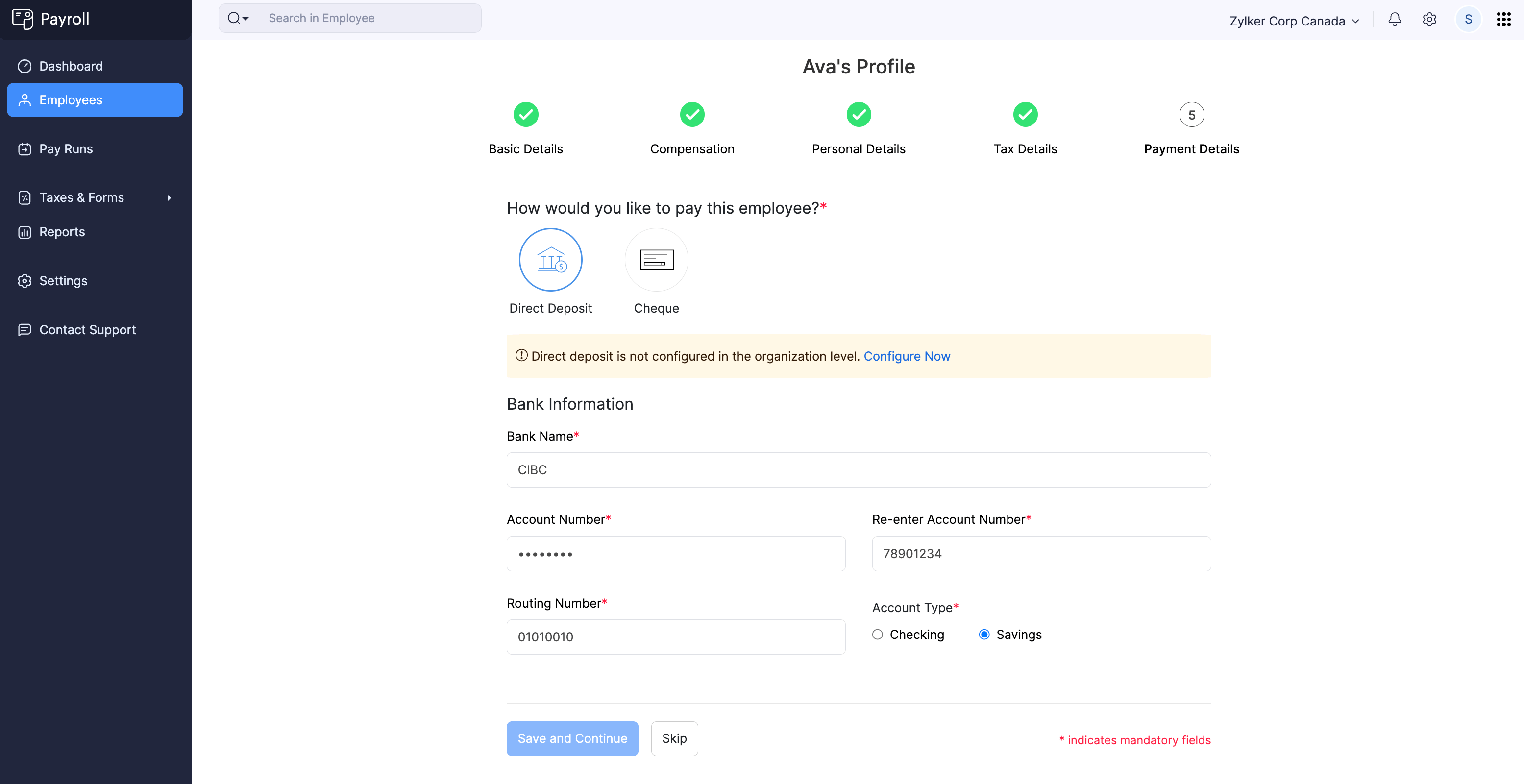 Employee’s Bank Information Required for Direct Deposit