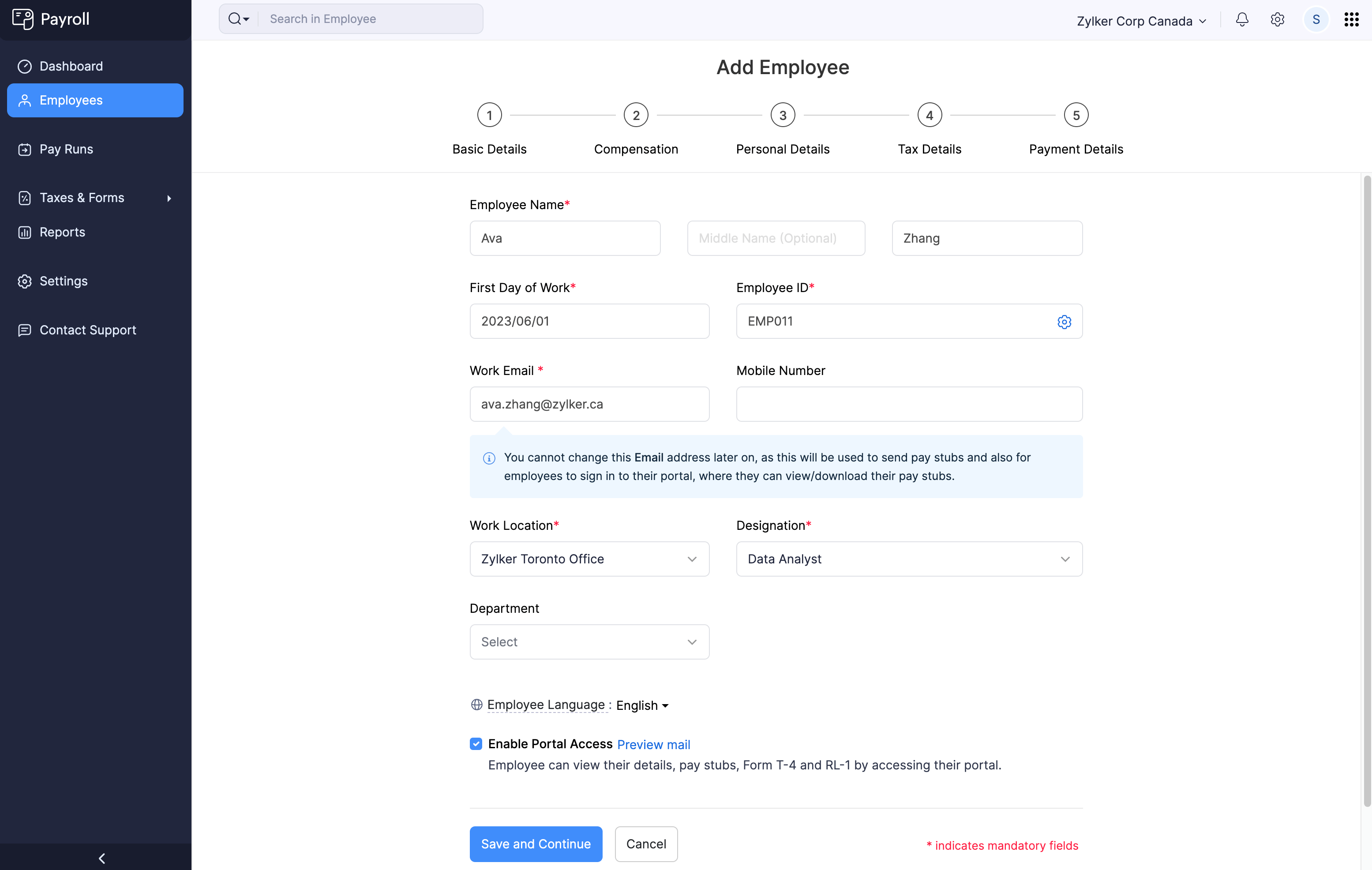 Provide Employee’s Basic Details