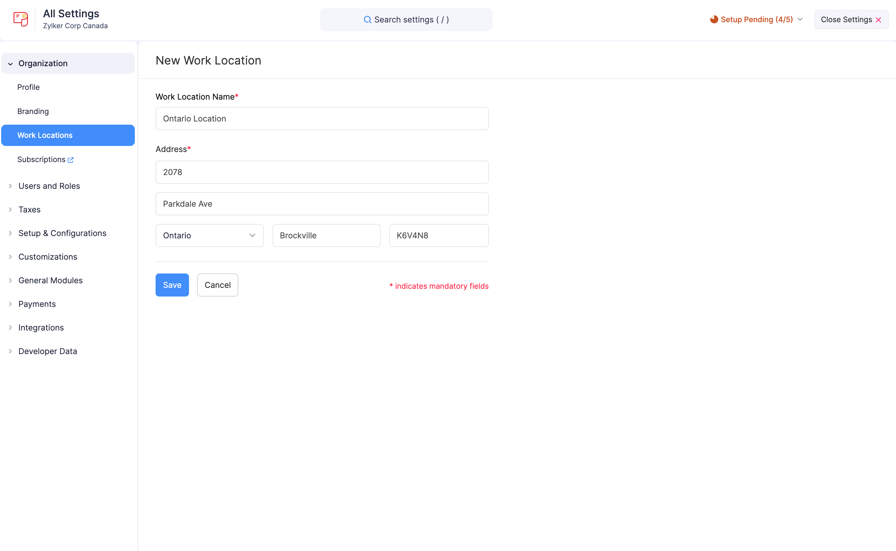 Enter Work Location Details in Zoho Payroll