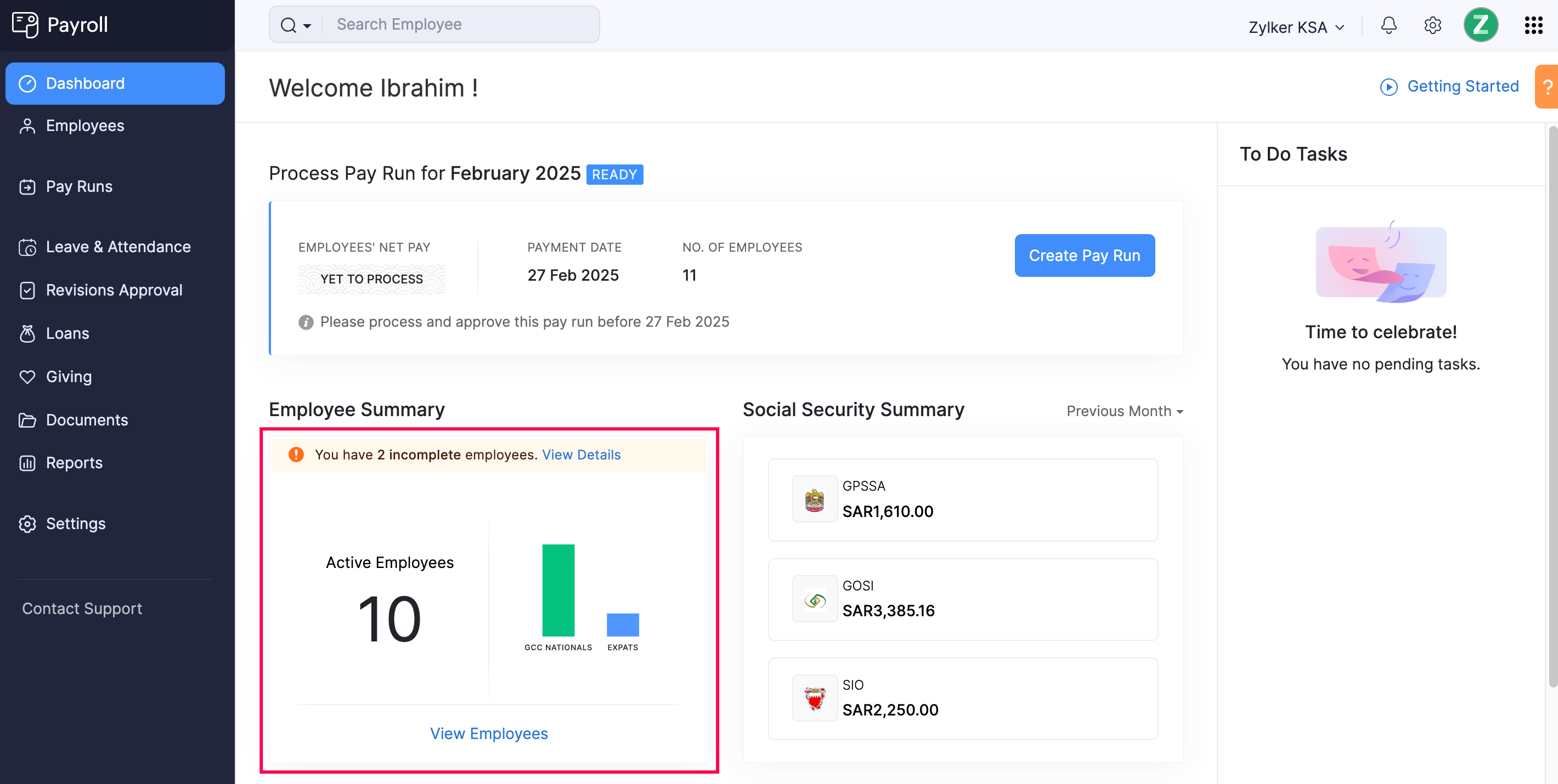 Employee Summary Section in Zoho Payroll’s Dashboard