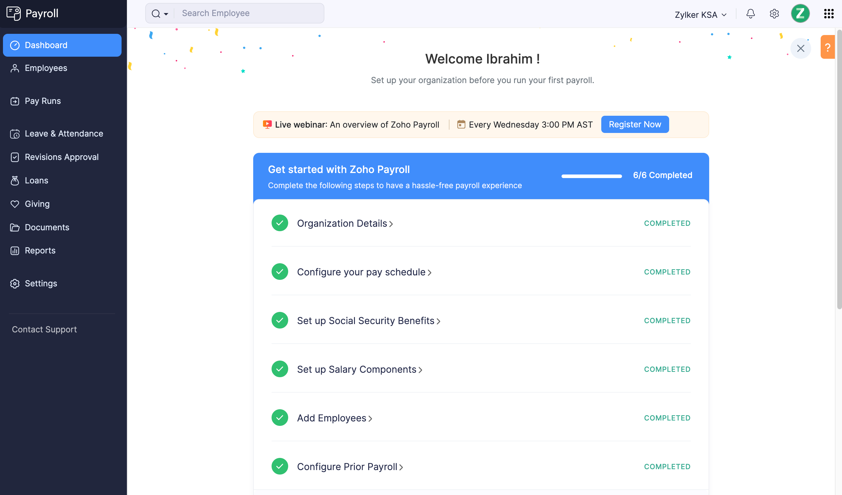 Getting Started Page in Zoho Payroll