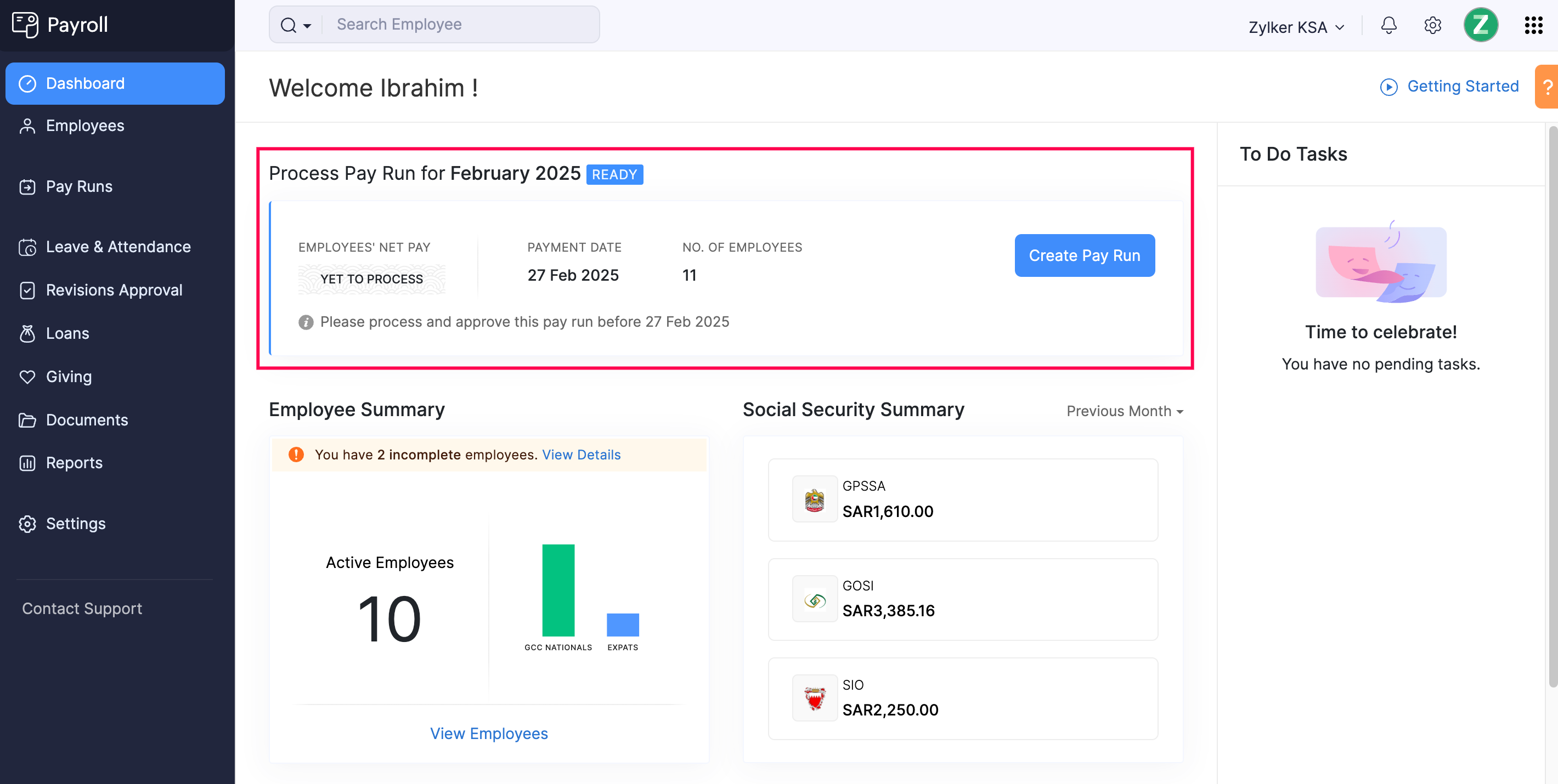 Current and Ongoing Pay Runs in Zoho Payroll’s Dashboard