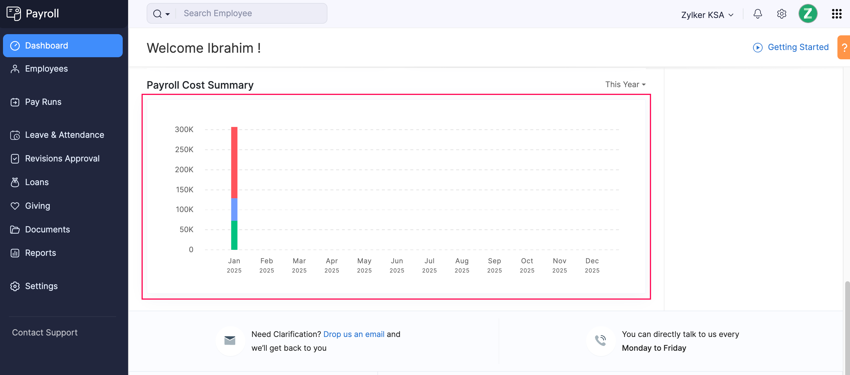 Payroll Cost Summary in Zoho Payroll’s Dashboard