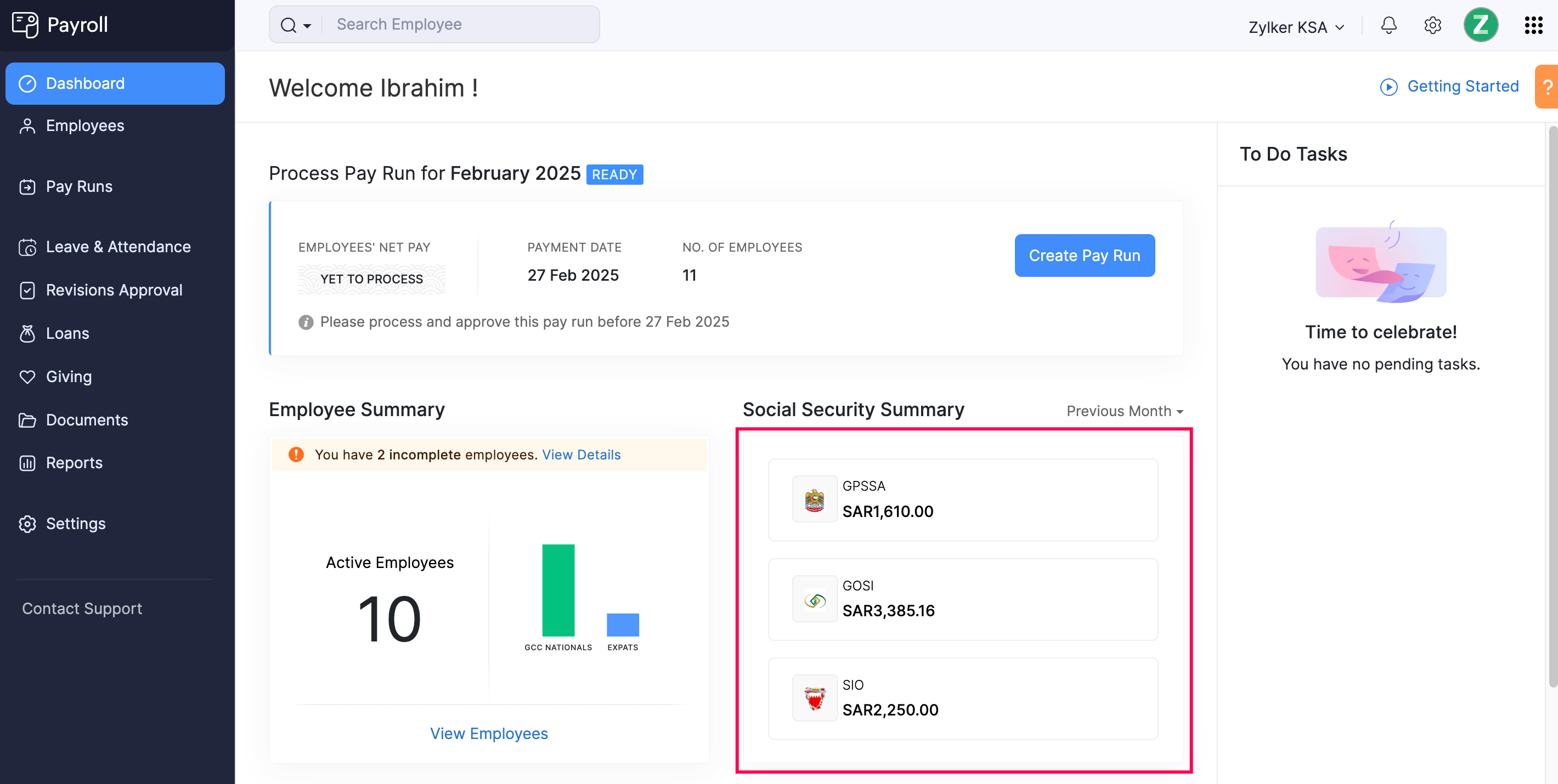 Social Security Summary Section in Zoho Payroll’s Dashboard