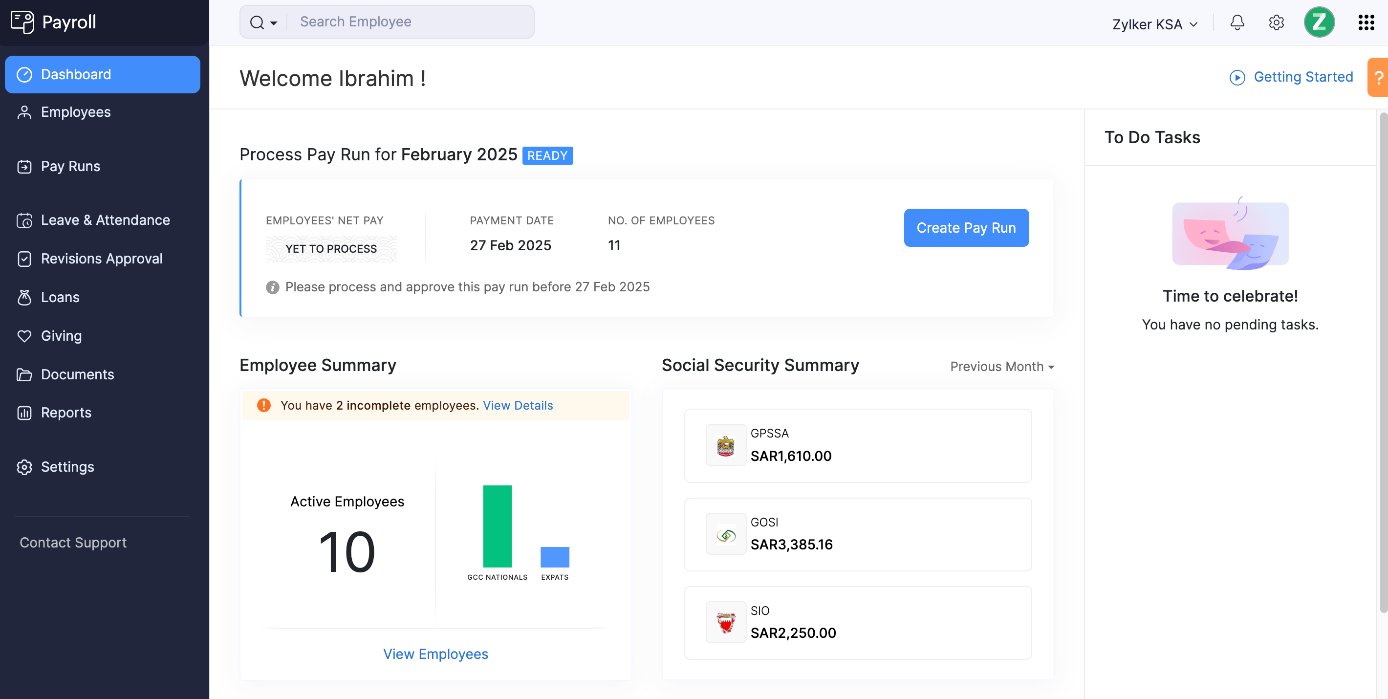 Zoho Payroll Dashboard