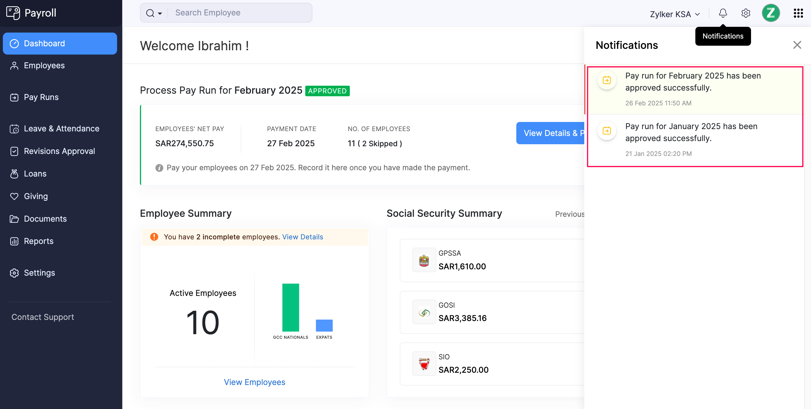 Notifications in Zoho Payroll