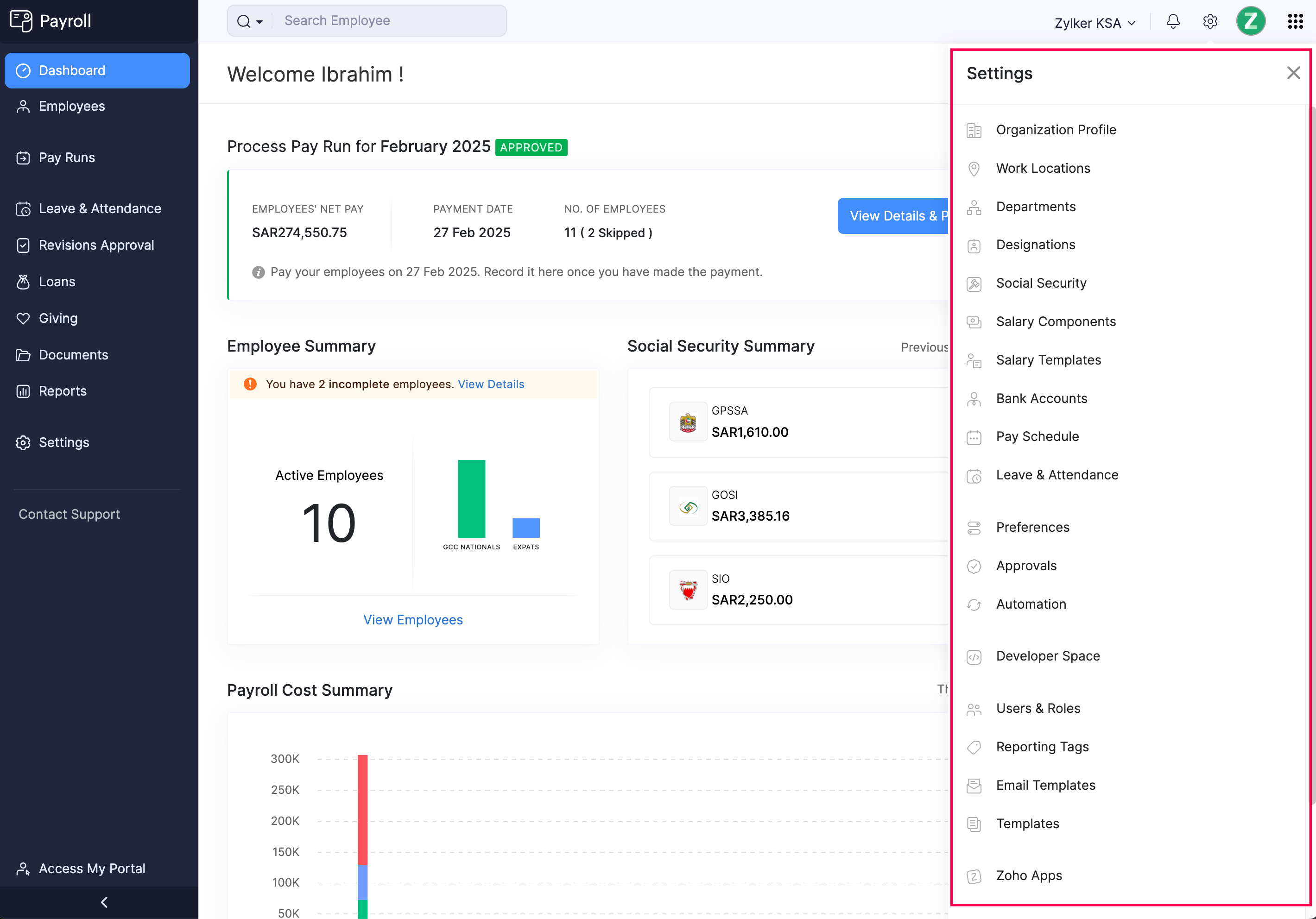 Settings in Zoho Payroll