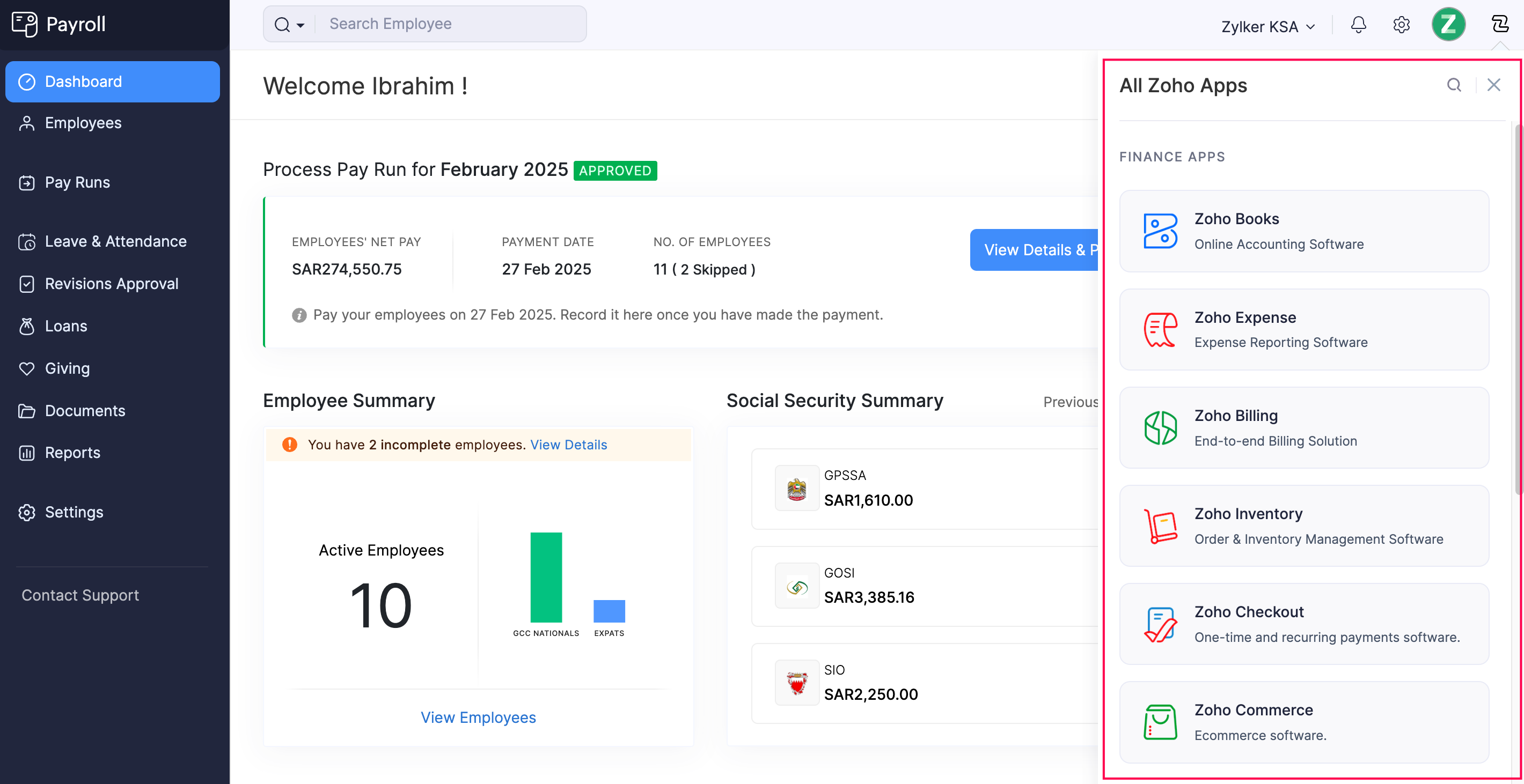 Zoho Apps in Zoho Payroll