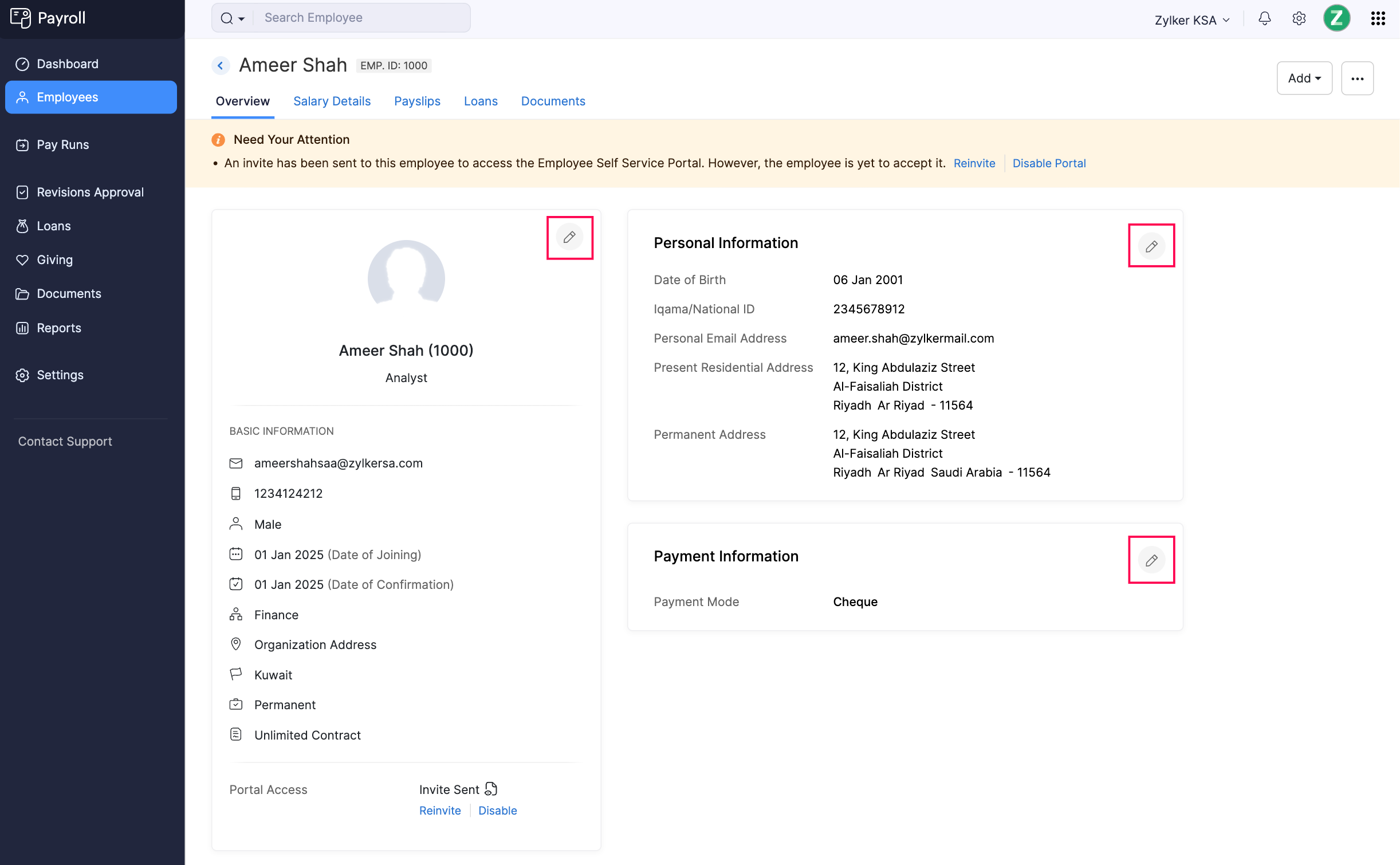 Edit Employee Details in Zoho Payroll