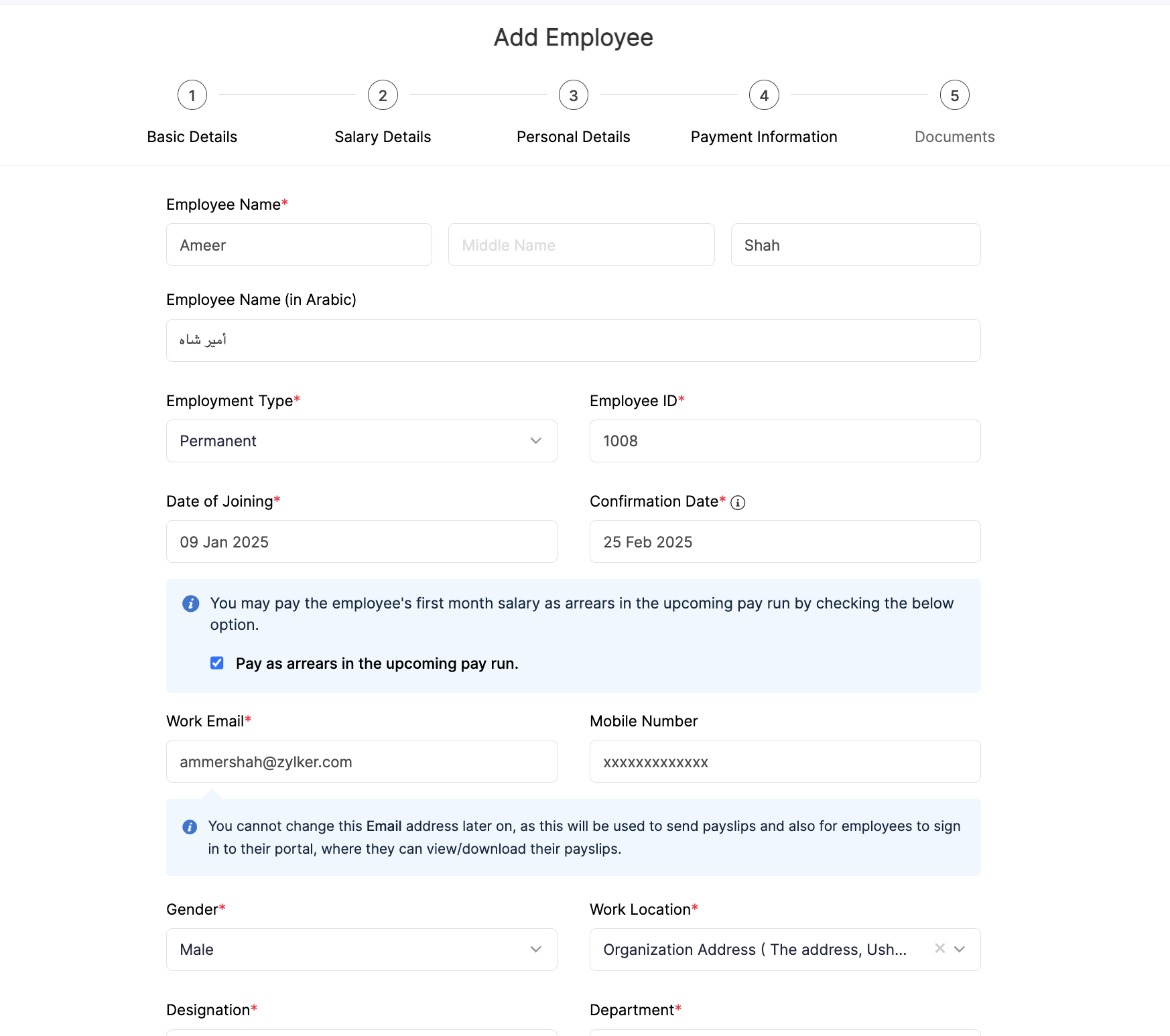 Basic Details of Employees in Zoho Payroll