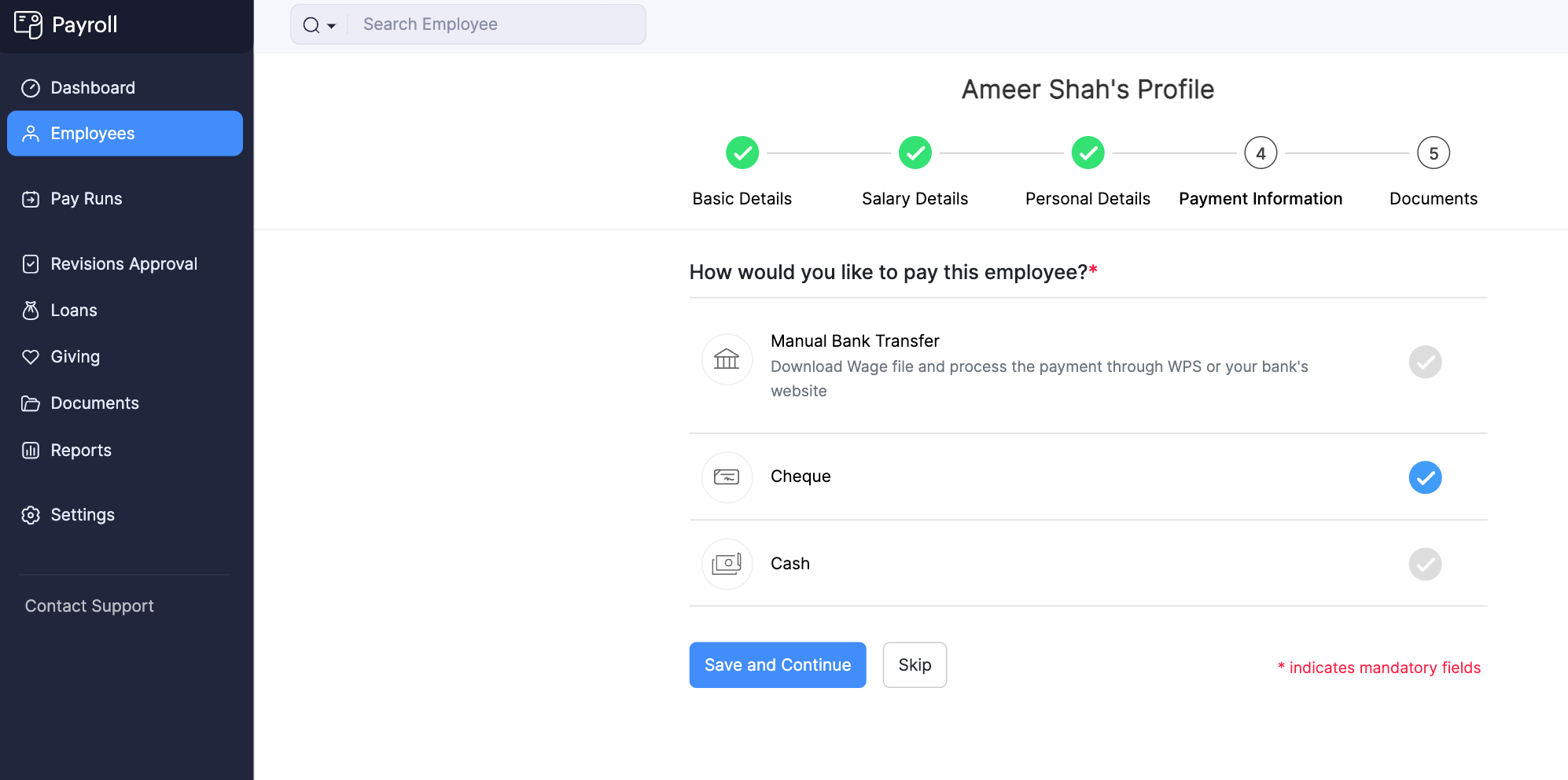 Payment Information of Employees in Zoho Payroll