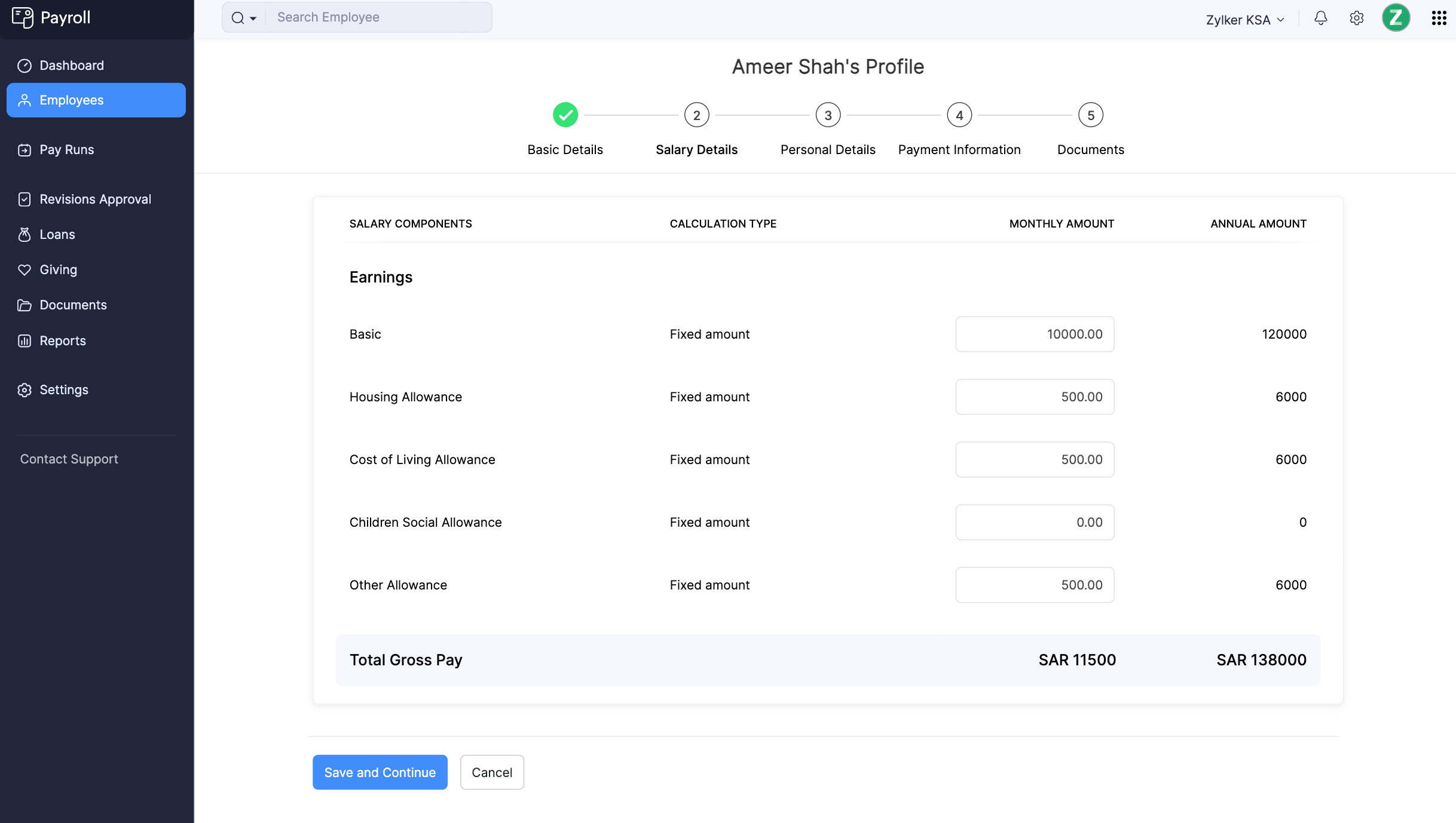 Salary Details of Employees in Zoho Payroll