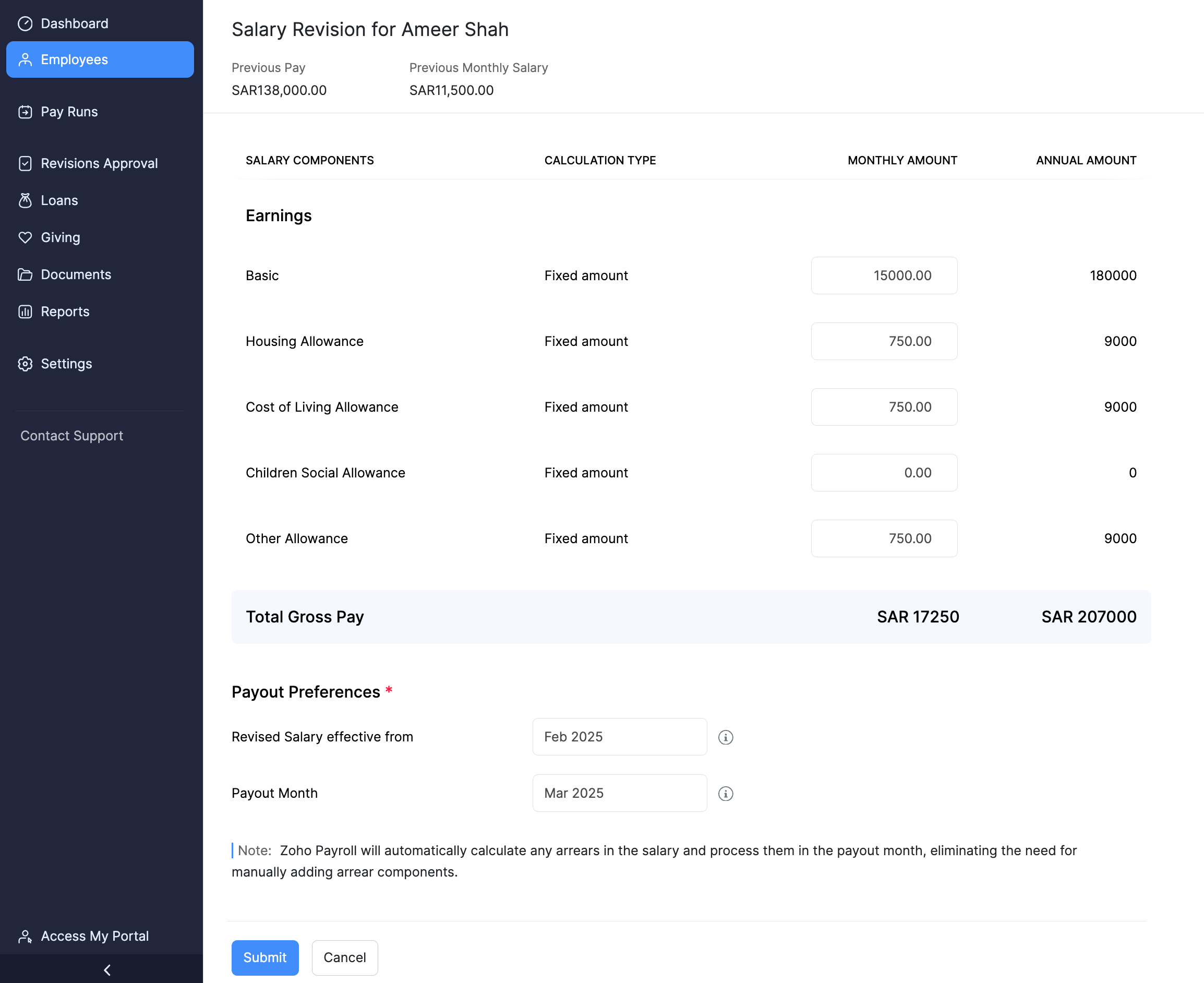 Salary Revision Details of Employee in Zoho Payroll