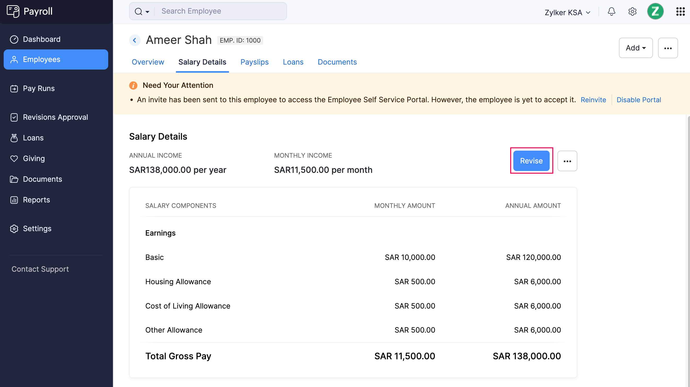 Revise Employee Salary Button in the Employees Module of Zoho Payroll