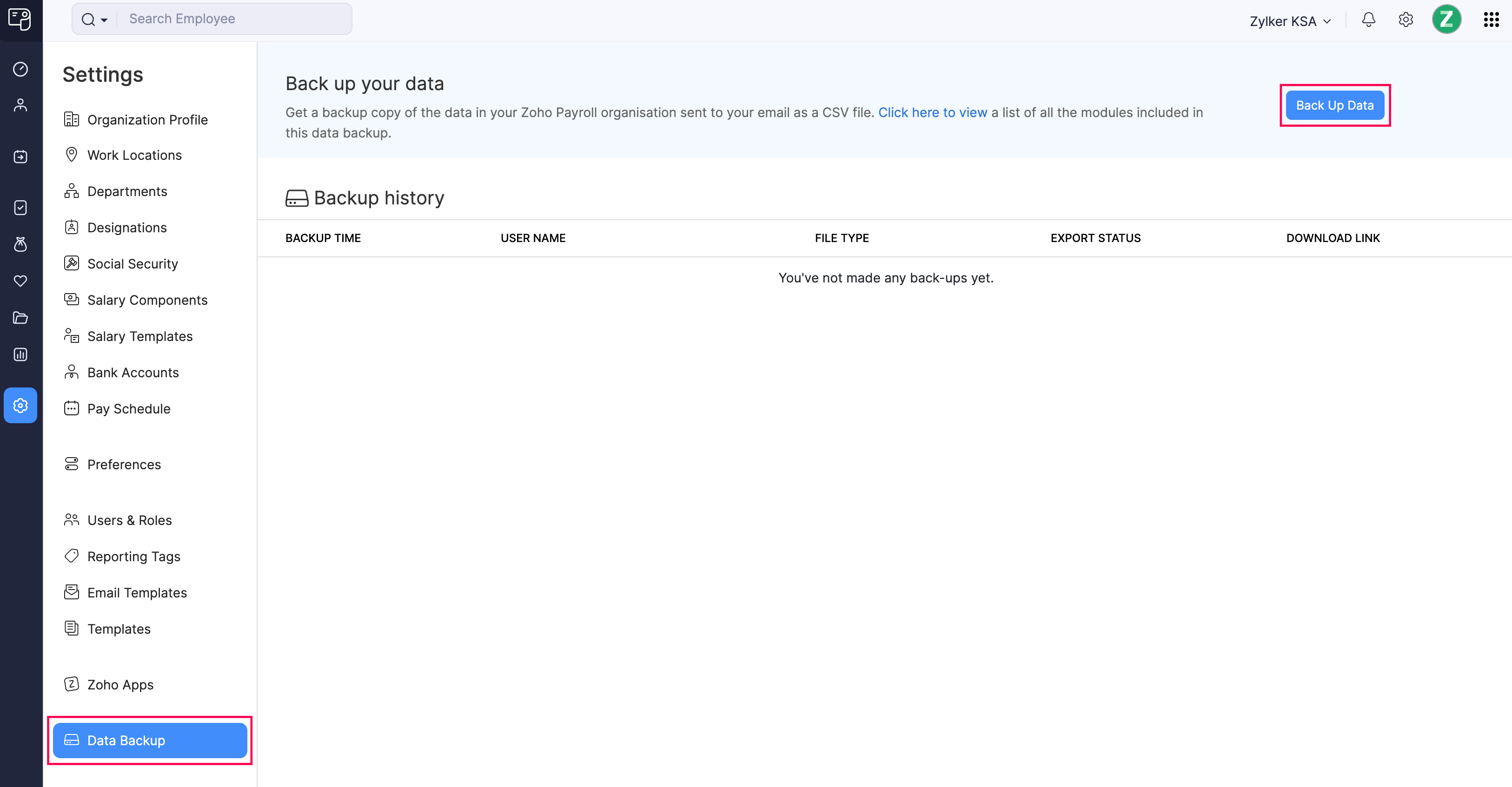 Back Up Data Button Zoho Payroll’s Data Backup Page