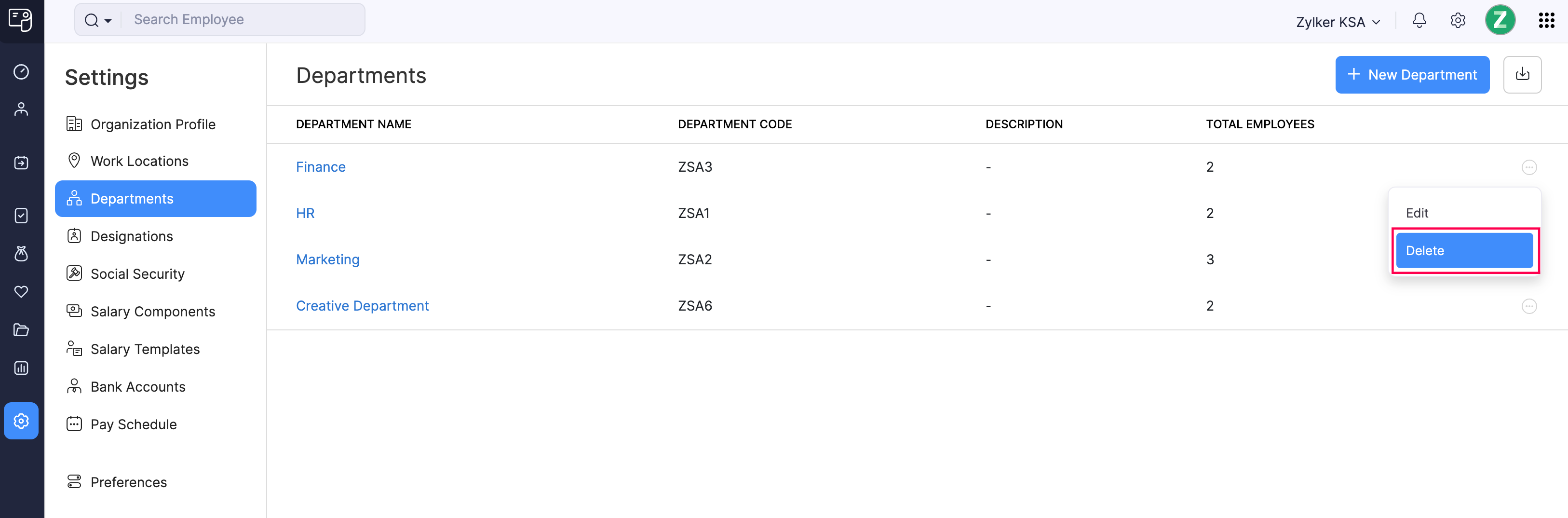 Delete a Department in Zoho Payroll