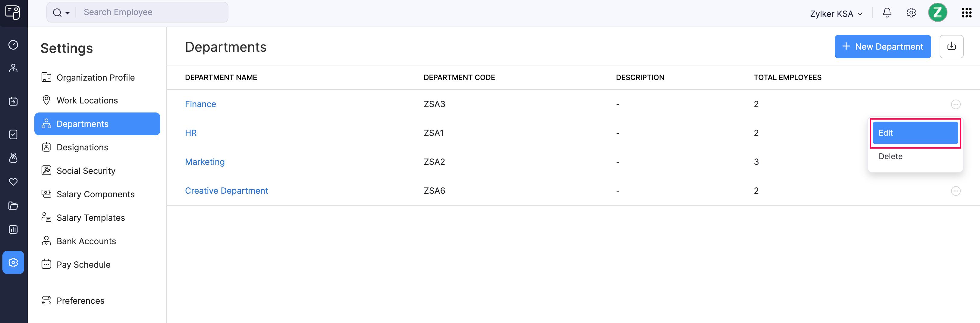 Edit a Department in Zoho Payroll