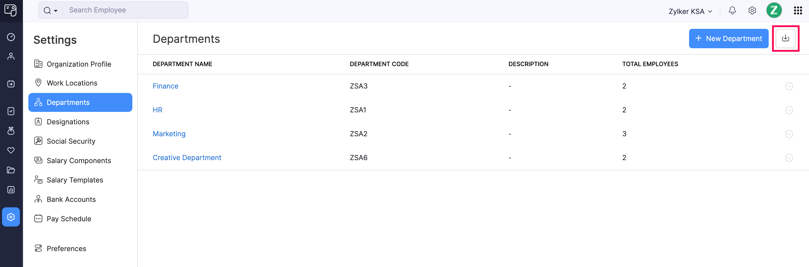 Import Button to Import Employee Departments in Zoho Payroll