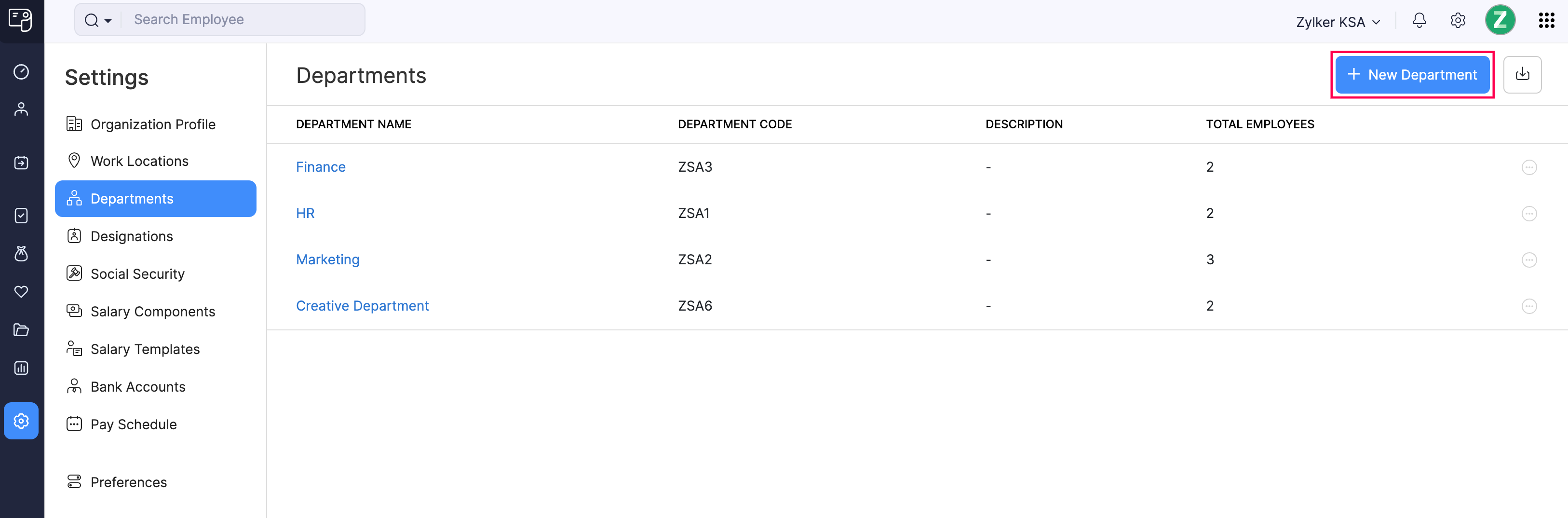 Create New Department Button in Zoho Payroll