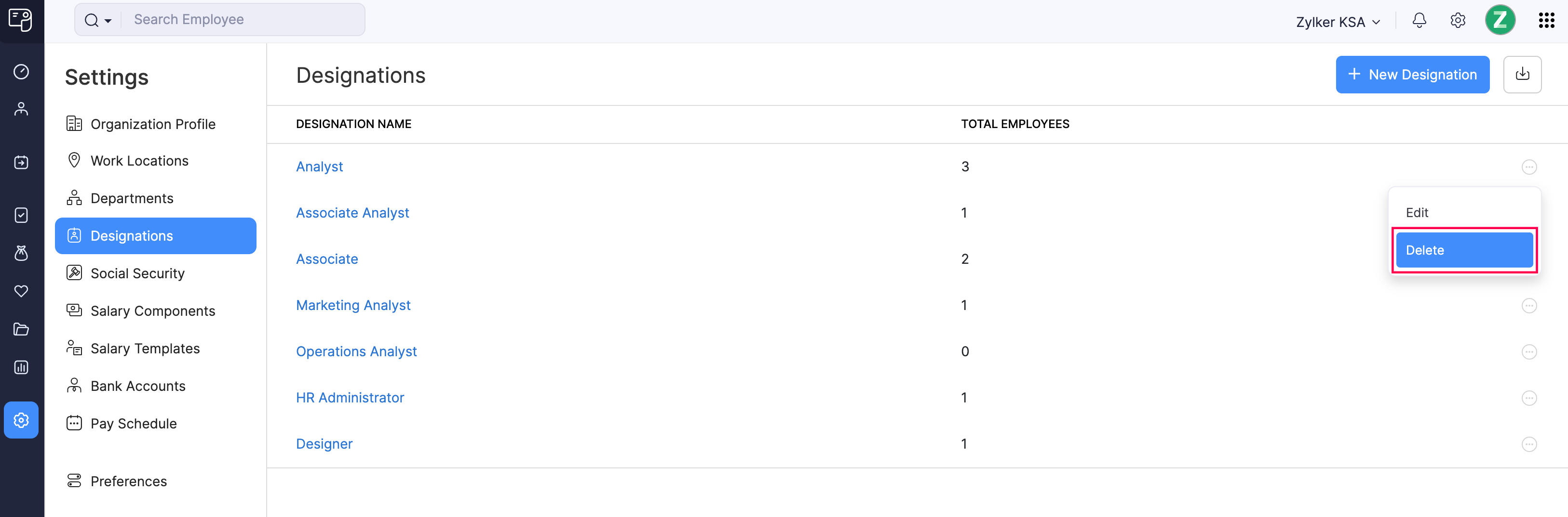 Delete a Designation in Zoho Payroll
