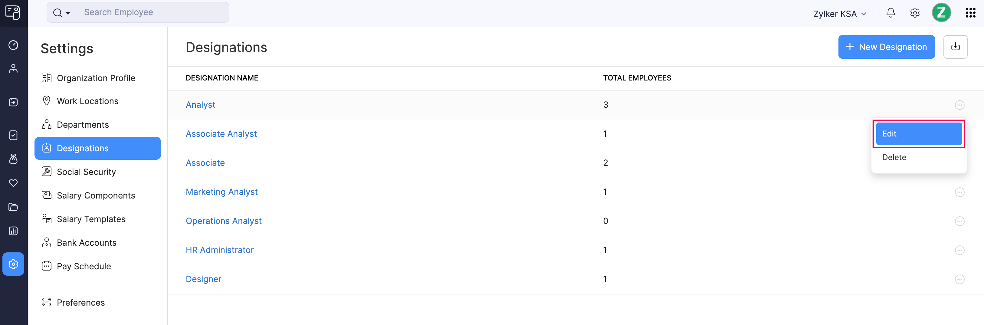 Edit a Designation in Zoho Payroll